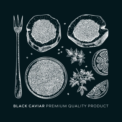 Hand-drawn black caviar sketches set isolated on chalkboard. Black caviar in opened tin can, caviar canape, lemons, spices vector drawings. Seafood delicacy illustrations for restaurant or finger food